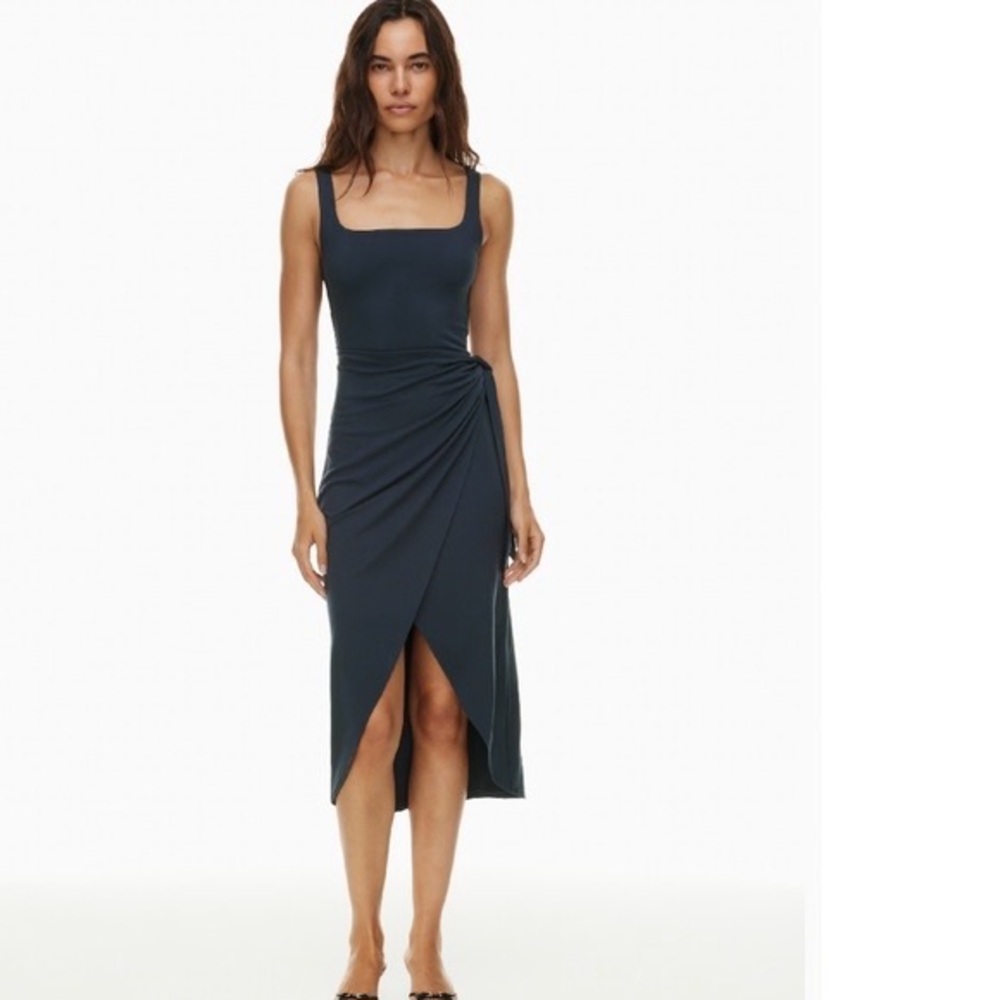 NWT  Aritzia Wilfred Saturn Midi Dress Jersey Knit Wrap Skirt High Low Black XS